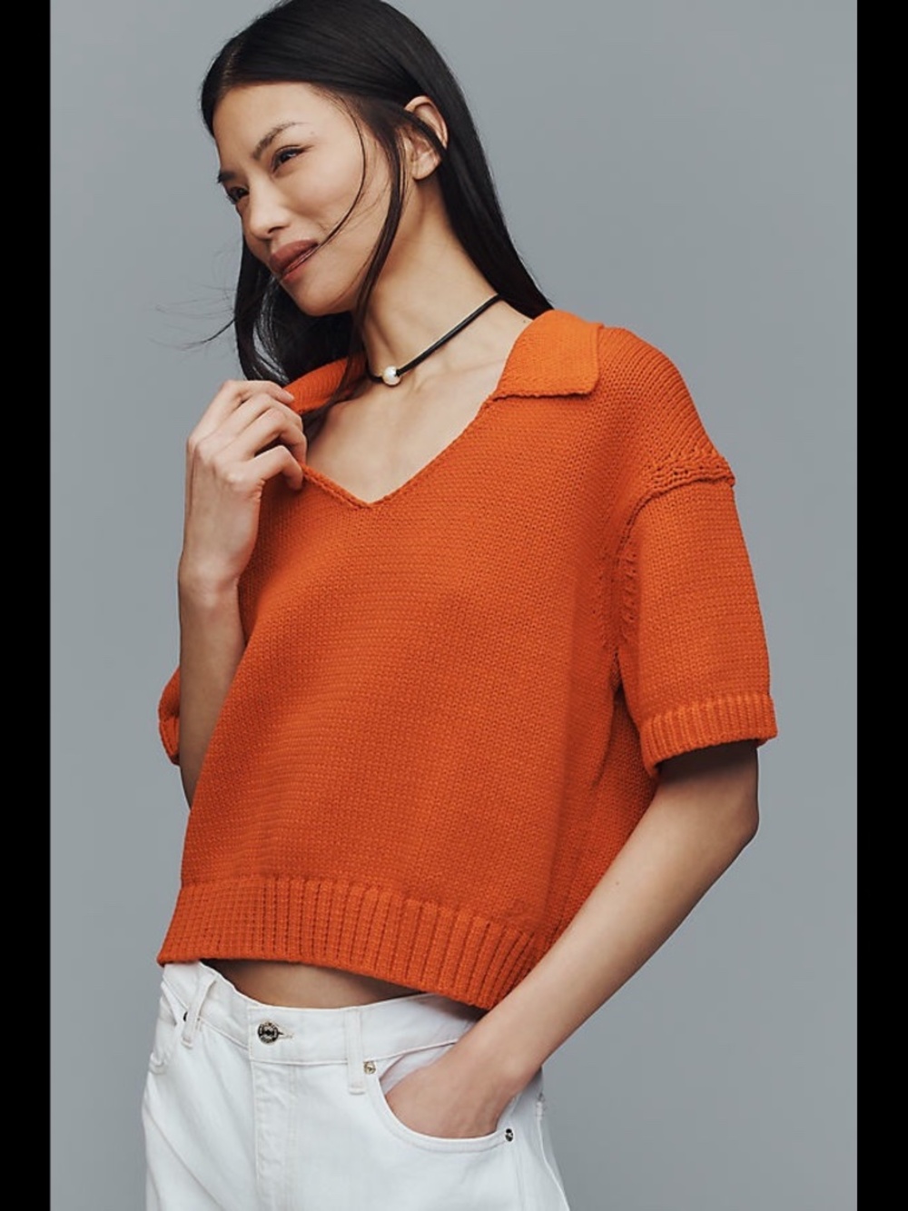 NWT Anthropologie Maeve Collared V-Neck Ribbed Hem Short-Sleeve Sweater